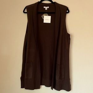 Long brown sleeveless knit sweater vest.